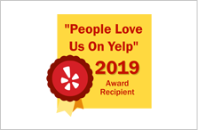 A yellow ribbon with the words " people love us on yelp 2 0 1 9 award recipient ".
