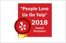 A red square with the words " people love us on yelp 2 0 1 8 award recipient ".