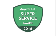 A green shield with the words " angie 's list super service award 2 0 1 6 ".
