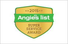 A gold and green badge that says, " angie 's list super service award 2 0 1 5 ".