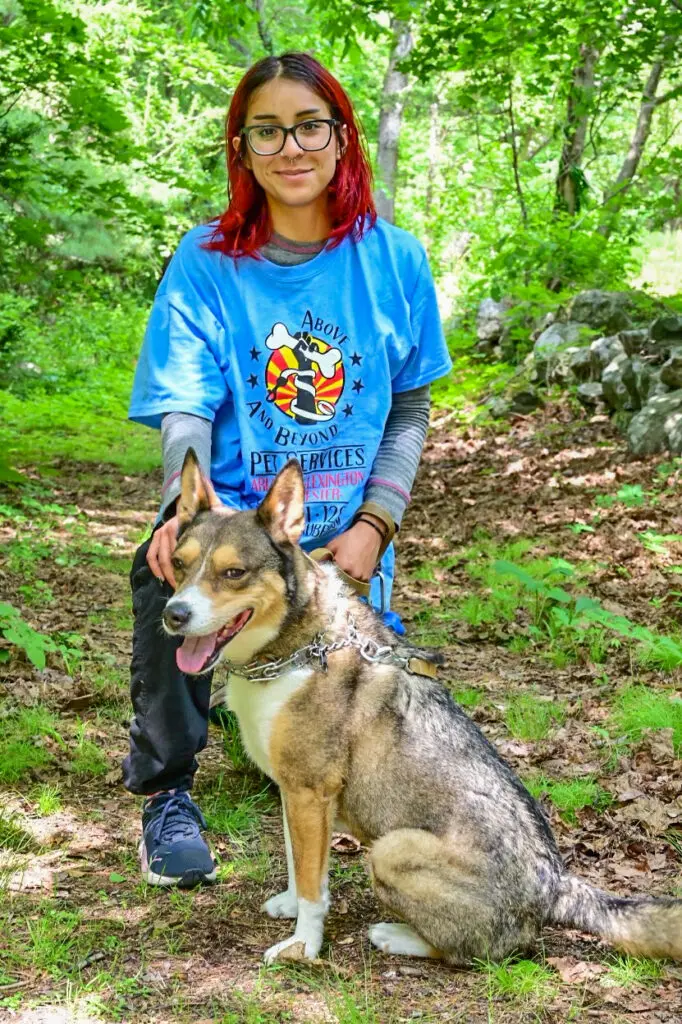 A person and their dog in the woods