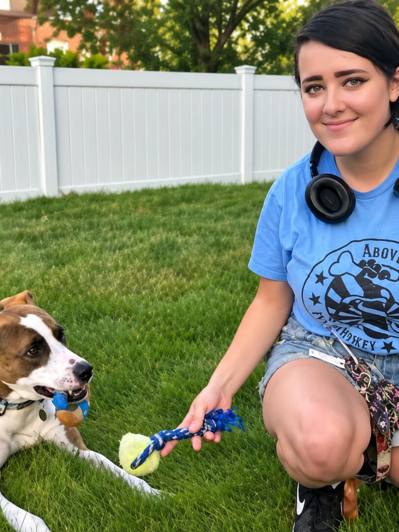 Woman playing fetch with her dog outdoors.